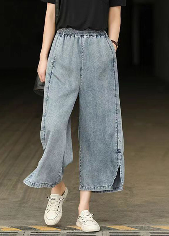 Casual Light Blue Elastic Waist Side Open Denim Crop Pants Summer