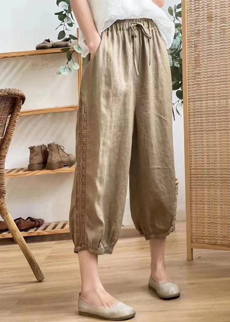 Casual Linen Color Hollow Out Pockets Elastic Waist Harem Pants Summer