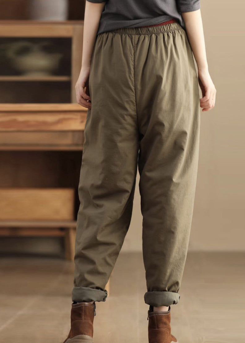 Casual Loose Coffee Pockets Elastic Waist Fine Cotton Filled Pants Winter