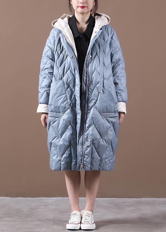 Casual Loose fitting down jacket overcoat light blue hooded zippered duck down coat