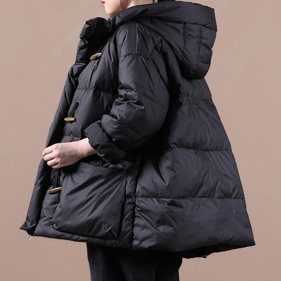 Casual Loose Fitting Womens Parka Overcoat Black Hooded Pockets Cotton Coat