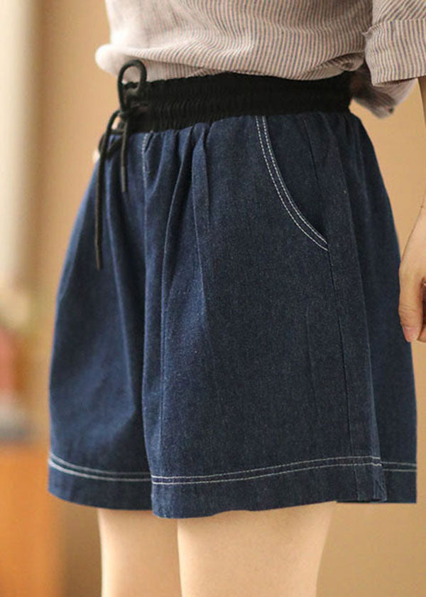 Casual Navy Elastic Waist Drawstring Pockets Patchwork Linen Denim Shorts Summer