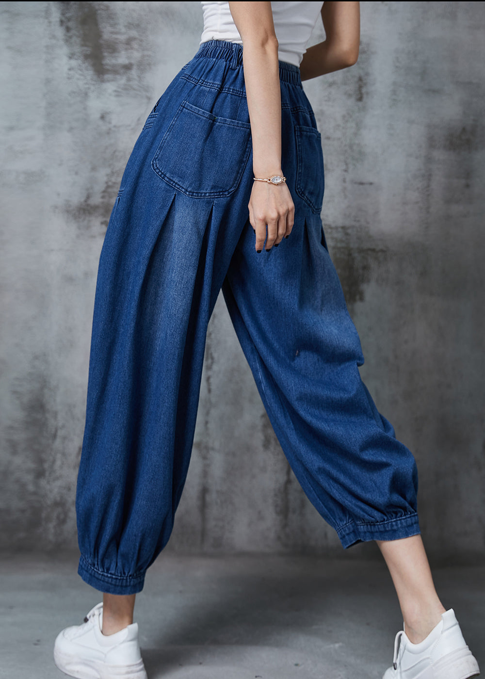 Casual Navy Oversized Pockets Denim Harem Pants Summer