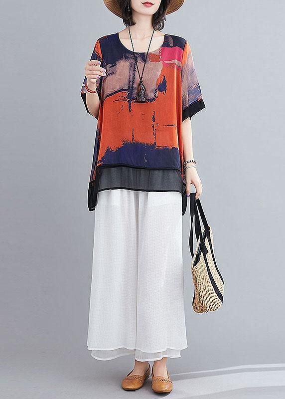 Casual Orange Print Chiffon Half Sleeve Summer two Piece Outfit