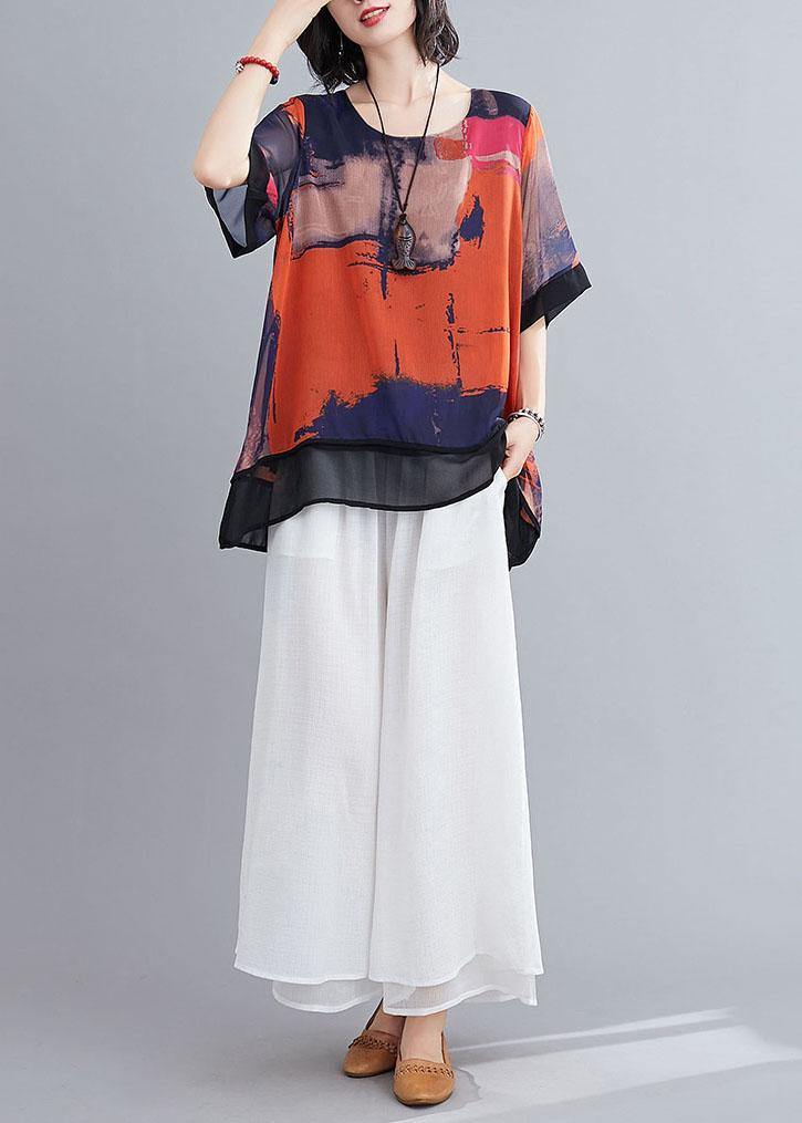 Casual Orange Print Chiffon Half Sleeve Summer two Piece Outfit