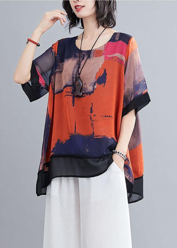 Casual Orange Print Chiffon Half Sleeve Summer two Piece Outfit