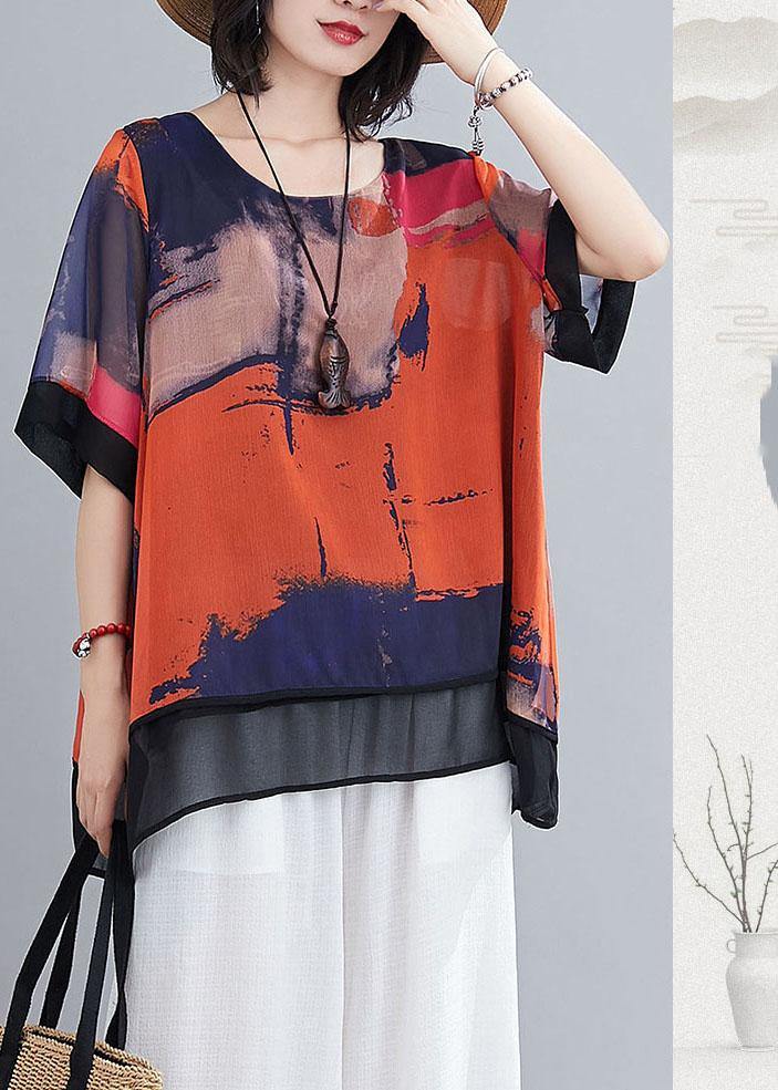 Casual Orange Print Chiffon Half Sleeve Summer two Piece Outfit