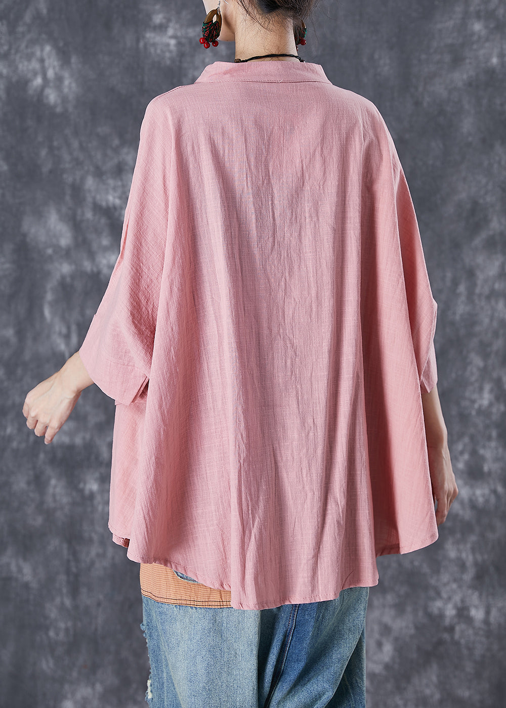 Casual Pink Button Down Pockets Linen Blouses Batwing Sleeve