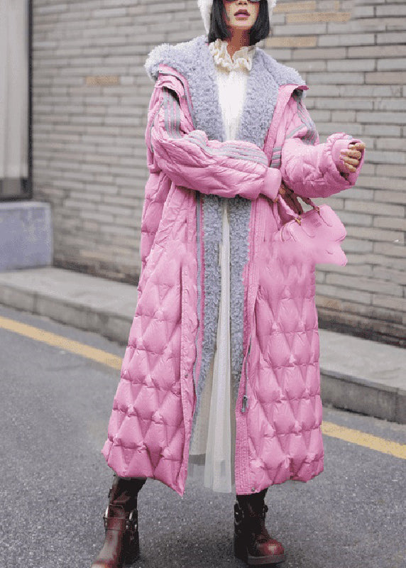 Casual Pink Peter Pan Collar Plaid Fleece Wool Lined Maxi Parka Winter