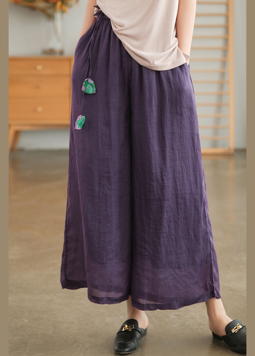 Casual Pink Pockets Lace Up Elastic Waist Linen Wide Leg Pants Summer