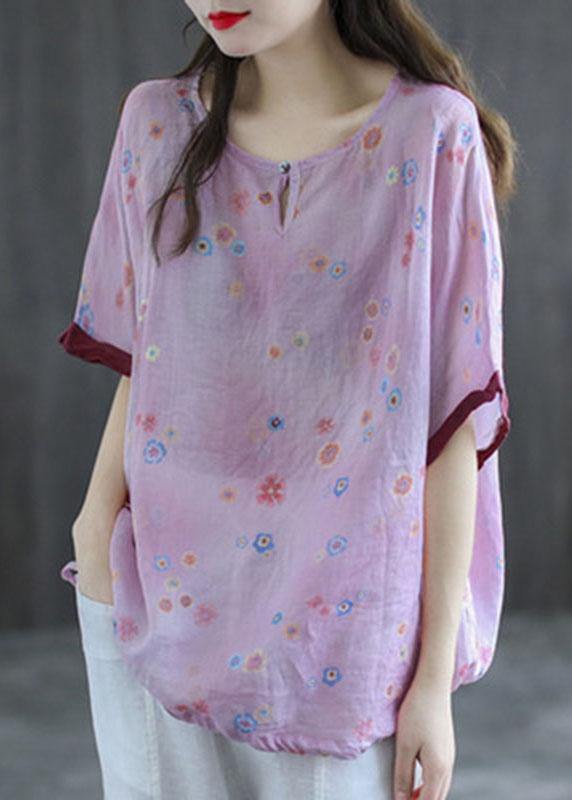 Casual Pink Print Patchwork Summer Linen Shirt Half Sleeve