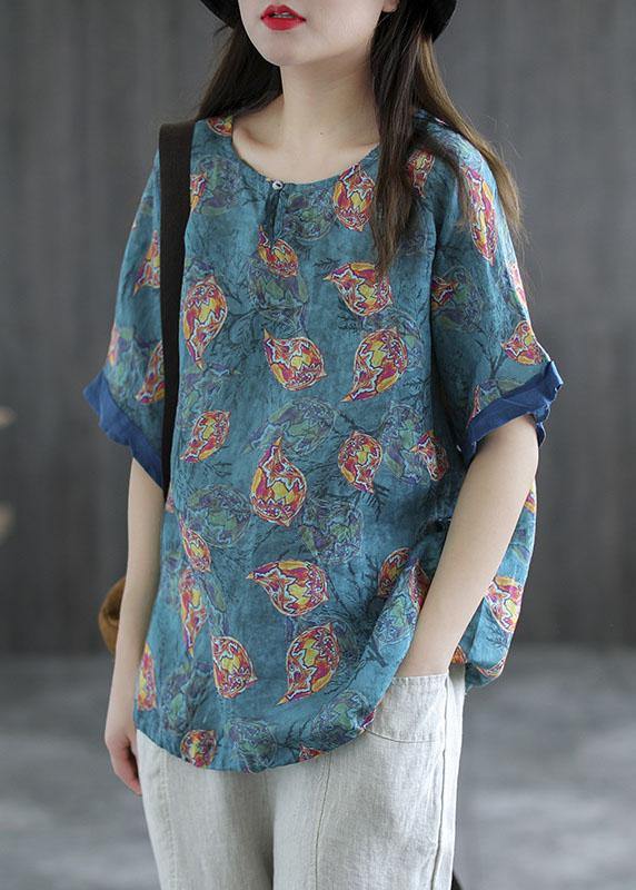 Casual Pink Print Patchwork Summer Linen Shirt Half Sleeve