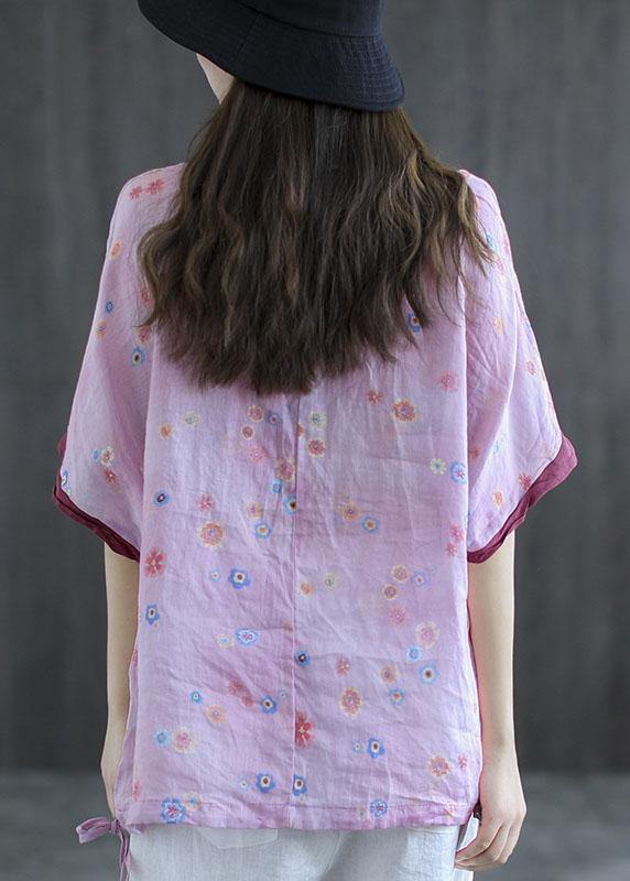 Casual Pink Print Patchwork Summer Linen Shirt Half Sleeve