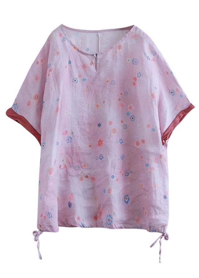 Casual Pink Print Patchwork Summer Linen Shirt Half Sleeve