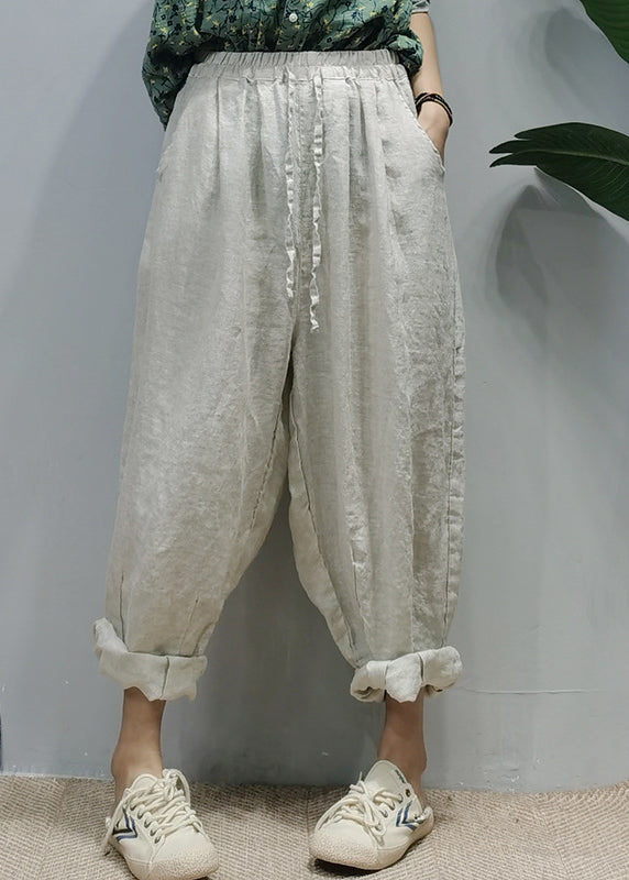 Casual Pink elastic waist drawstring Pockets Linen harem pants Spring