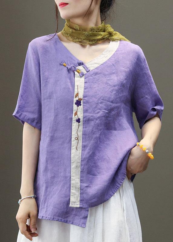 Casual Purple Embroideried Asymmetrical Design Patchwork Summer Linen Blouse Top Short Sleeve