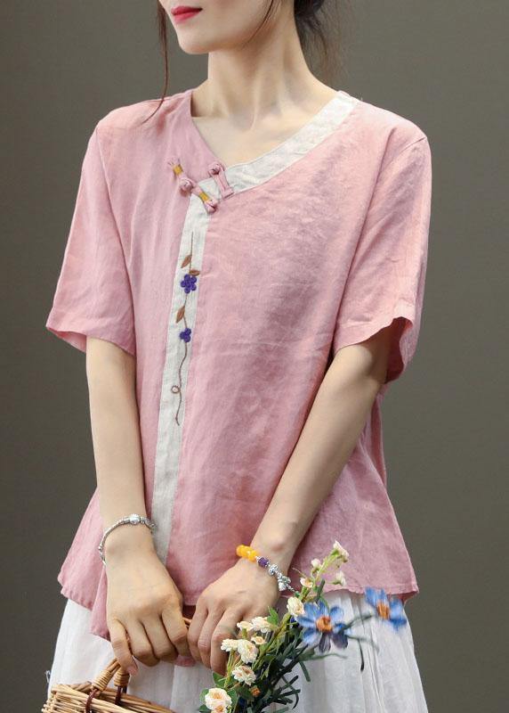 Casual Purple Embroideried Asymmetrical Design Patchwork Summer Linen Blouse Top Short Sleeve