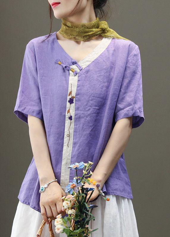 Casual Purple Embroideried Asymmetrical Design Patchwork Summer Linen Blouse Top Short Sleeve