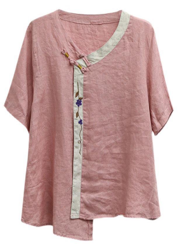 Casual Purple Embroideried Asymmetrical Design Patchwork Summer Linen Blouse Top Short Sleeve