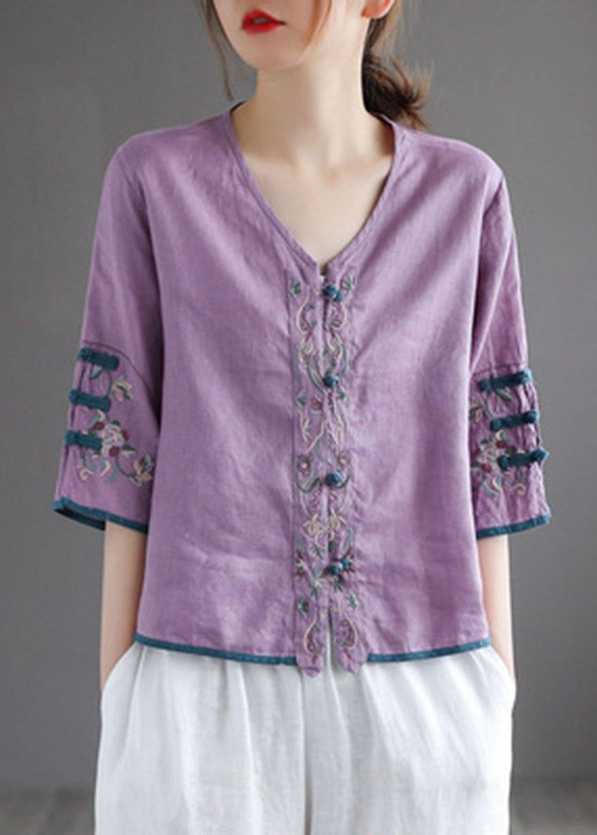 Casual Purple Retro O-Neck Oriental Summer Blouses Half Sleeve