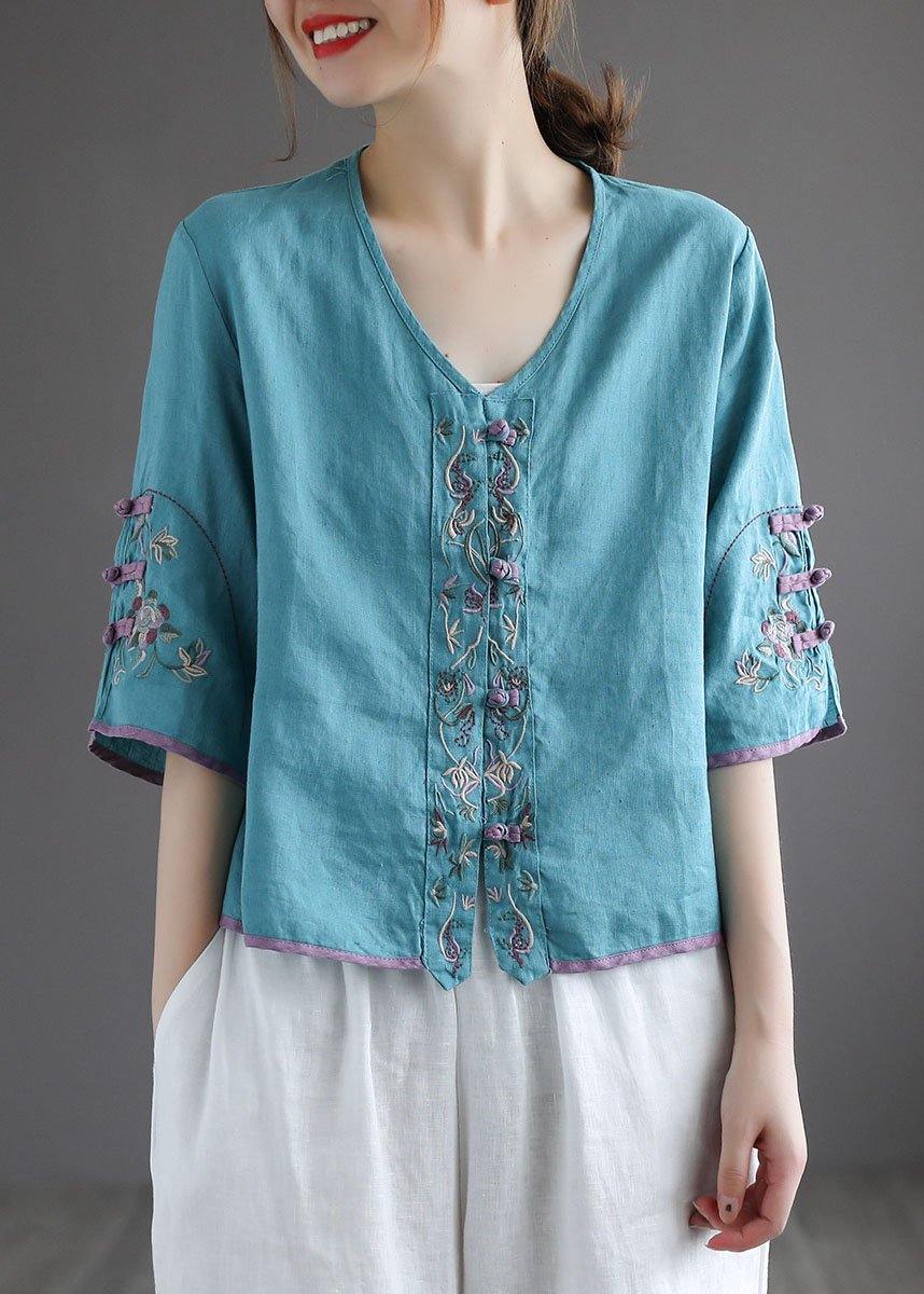 Casual Purple Retro O-Neck Oriental Summer Blouses Half Sleeve