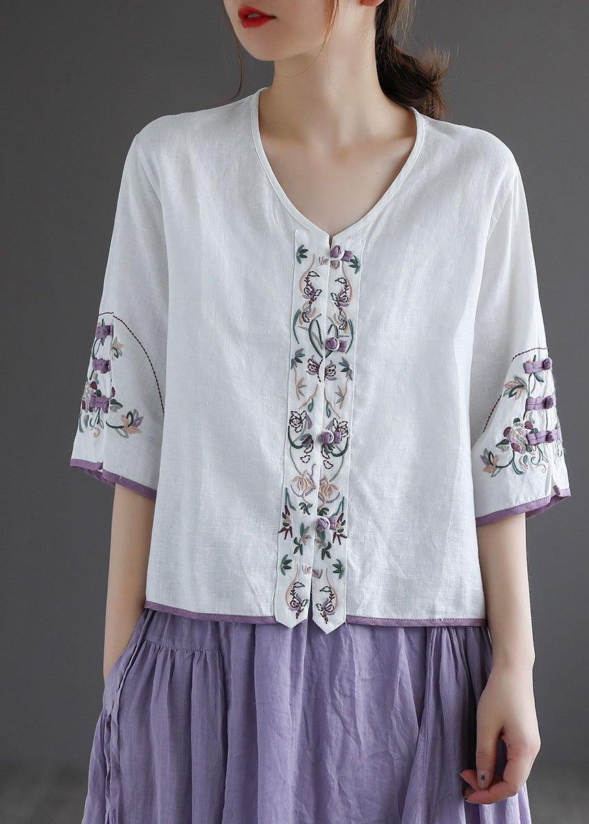 Casual Purple Retro O-Neck Oriental Summer Blouses Half Sleeve