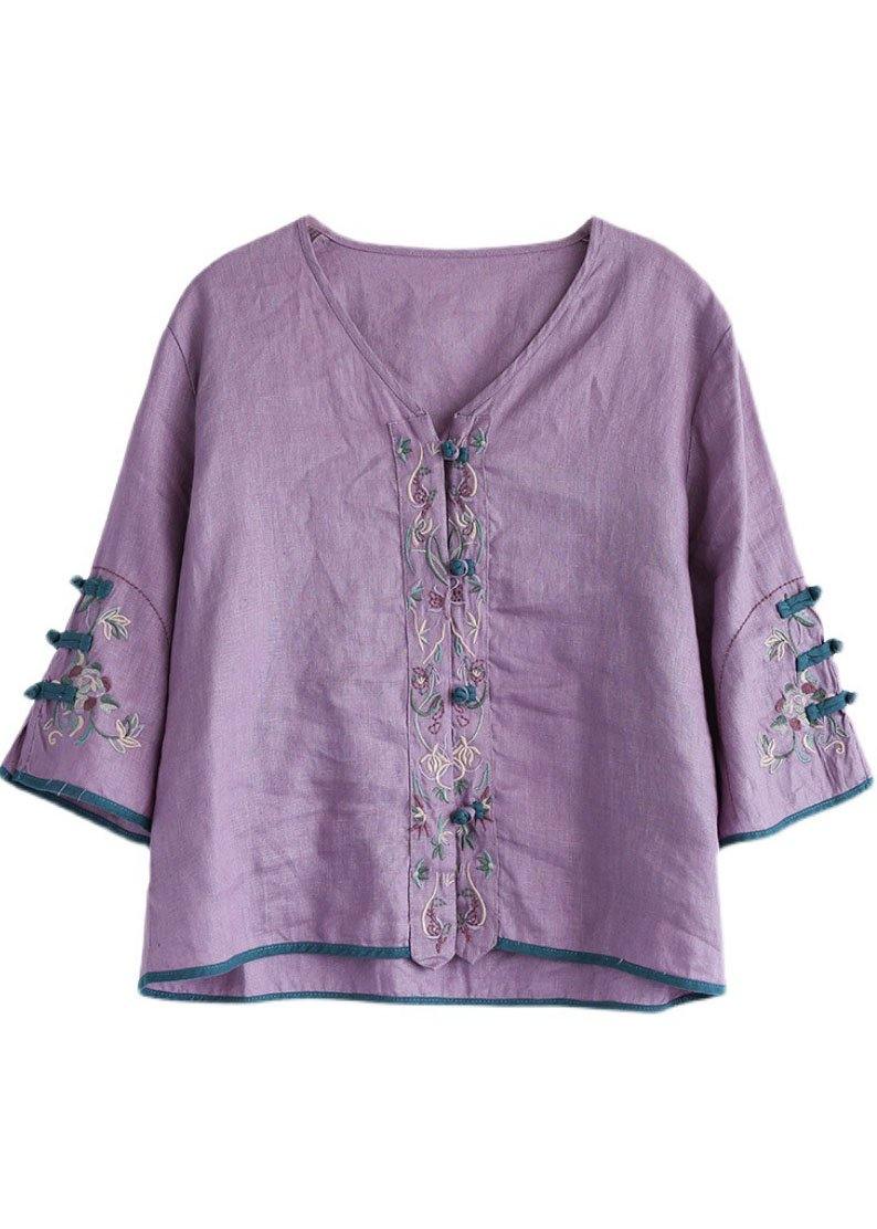 Casual Purple Retro O-Neck Oriental Summer Blouses Half Sleeve