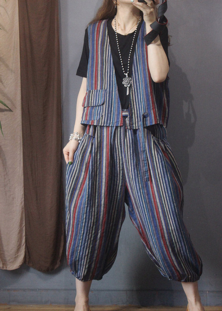 Casual Red Blue Striped Linen Waistcoat And Beam Pants Two Piece Set Outfits Summer