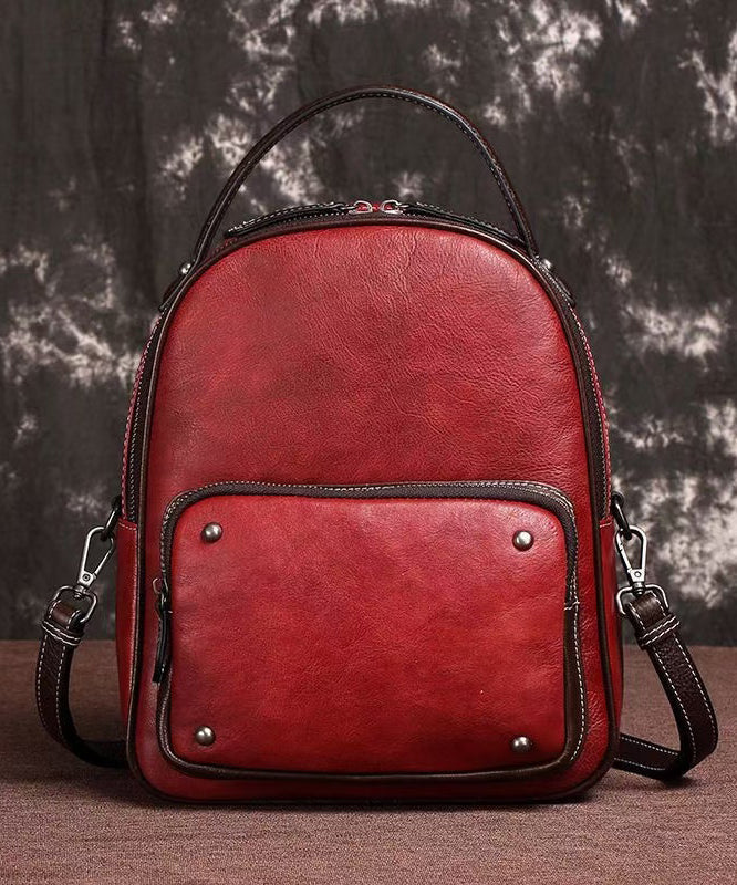 Casual Red Large Capacity Durable Calf Leather Backpack Bag