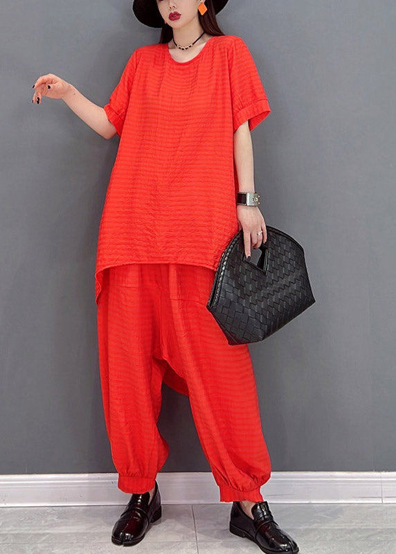 Casual Red Linen Top And Harem Pants Two Pieces Set Summer