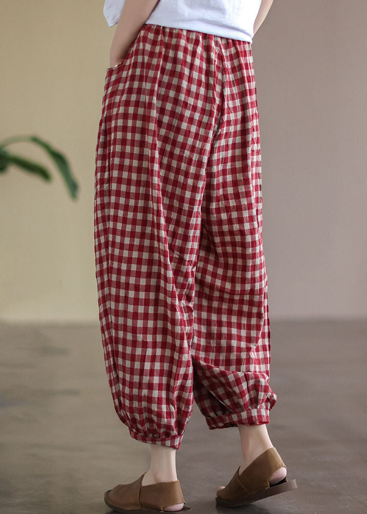 Casual Red Plaid Pockets Elastic Waist Linen Crop Pants Summer