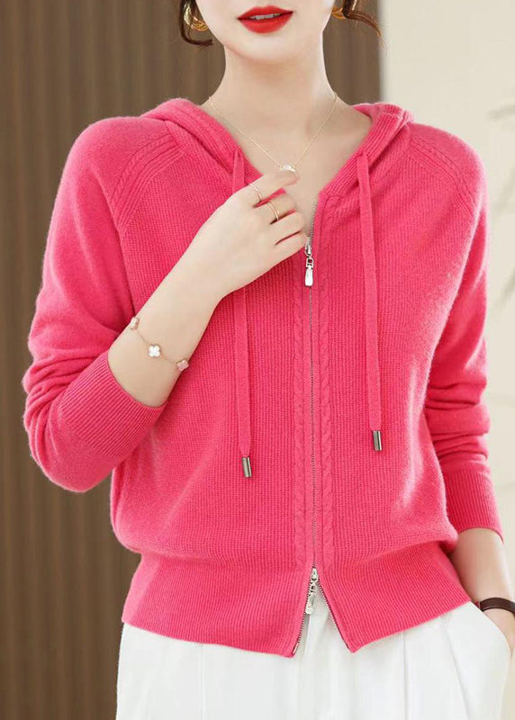 Casual Red Zip Up Wool Knit Hooded Cardigans Spring