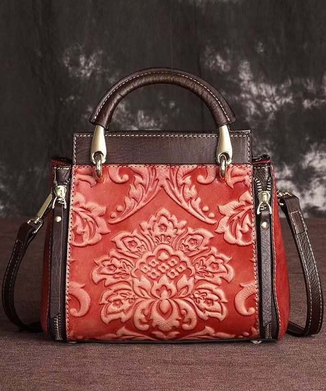 Casual Retro Red Embossed Calf Leather Tote Handbag