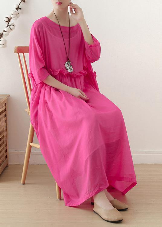 Casual Rose O-Neck Ruffled Long Dress Summer Chiffon Dress