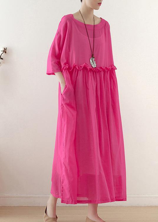 Casual Rose O-Neck Ruffled Long Dress Summer Chiffon Dress