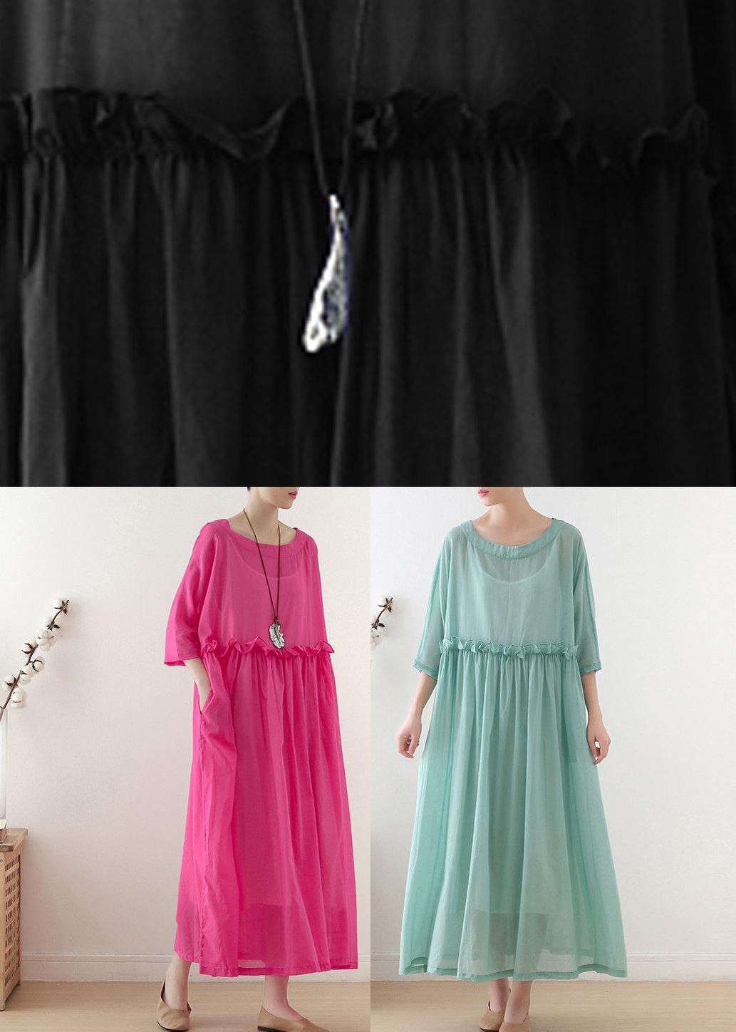 Casual Rose O-Neck Ruffled Long Dress Summer Chiffon Dress