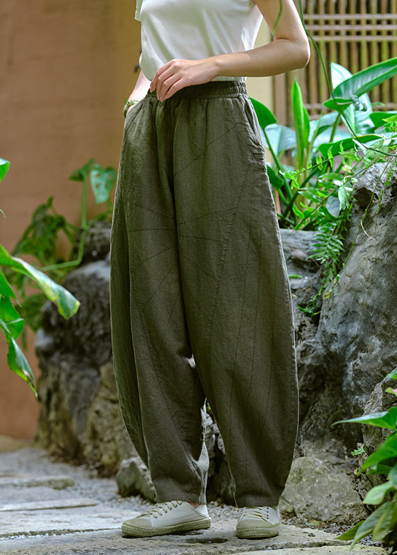 Casual Simple Yellow Pockets Elastic Waist Linen Pants Summer