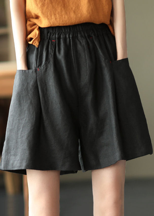 Casual Solid Black Elastic Waist Linen Shorts Trousers Summer