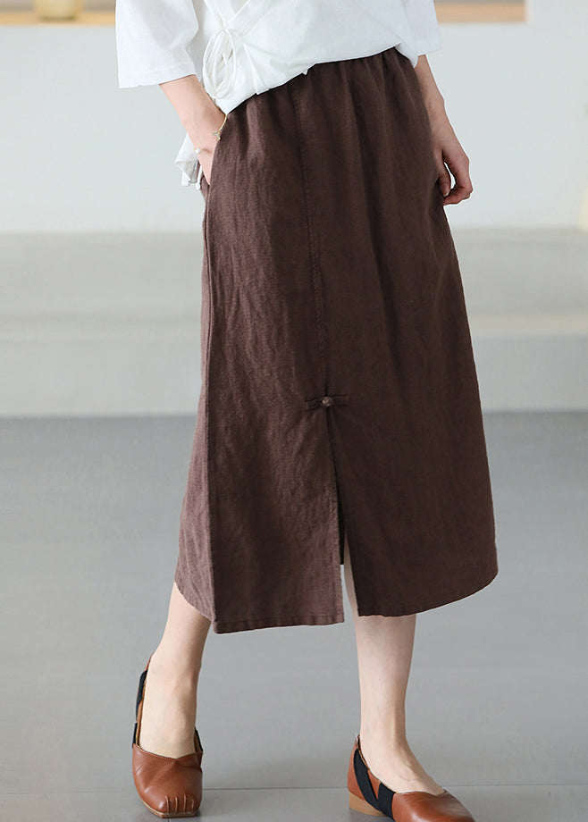 Casual Versatile Coffee Chinese Button Linen Skirt Summer