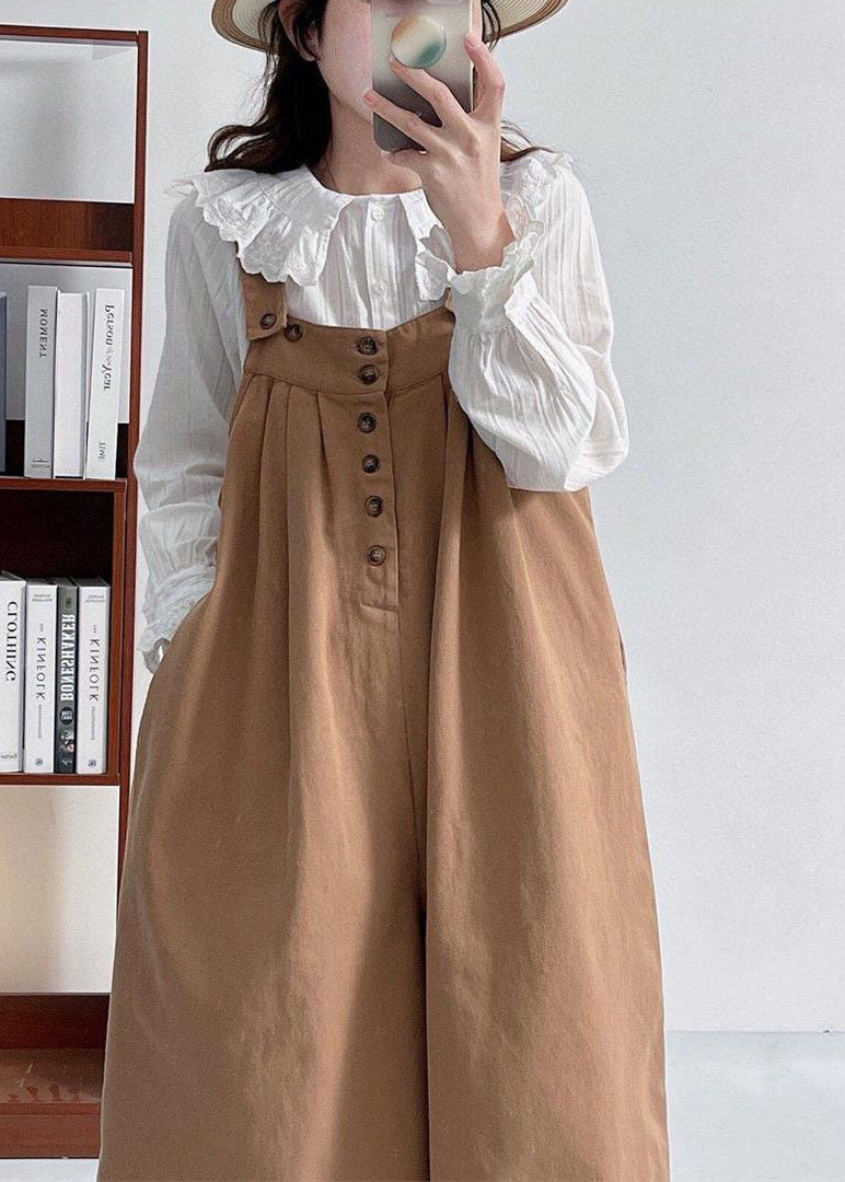 Casual Versatile Coffee Cotton Shoulder Strap Pants Summer