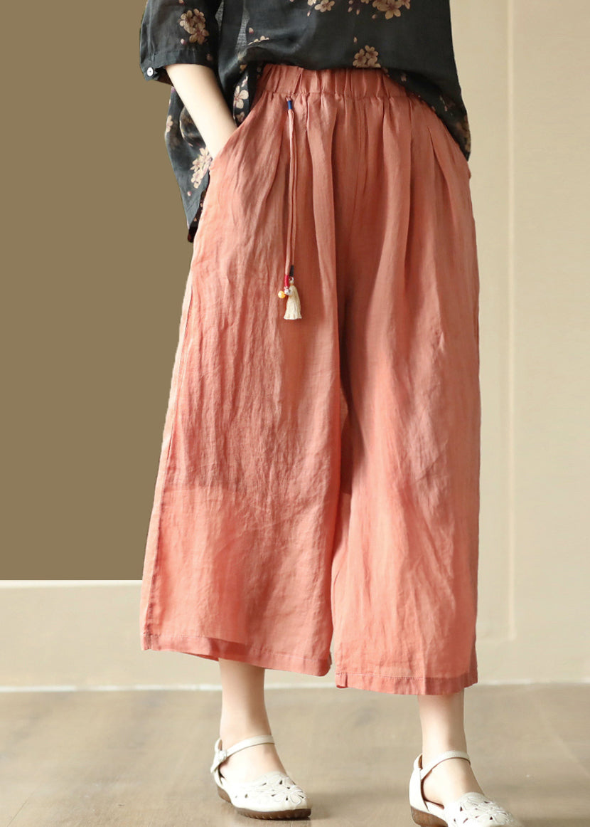 Casual Vintage Orange Tasseled Elastic Waist Linen Wide Leg Pants Summer