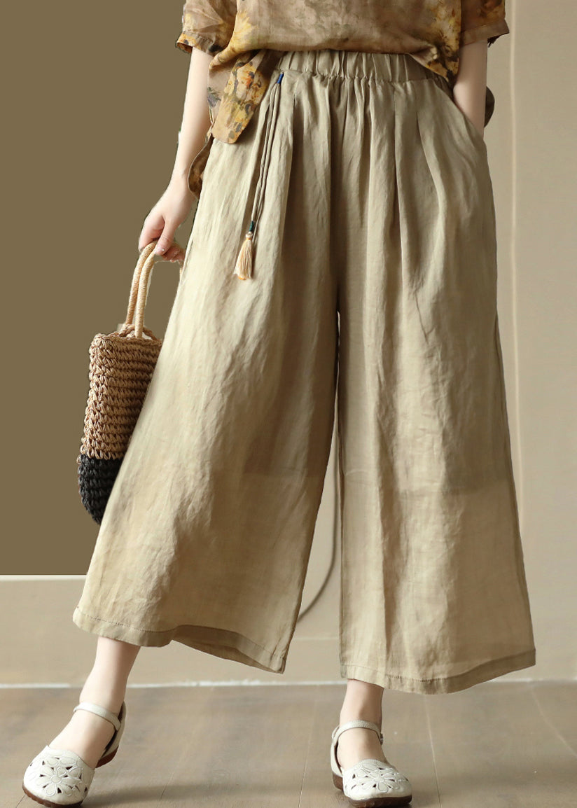 Casual Vintage Orange Tasseled Elastic Waist Linen Wide Leg Pants Summer