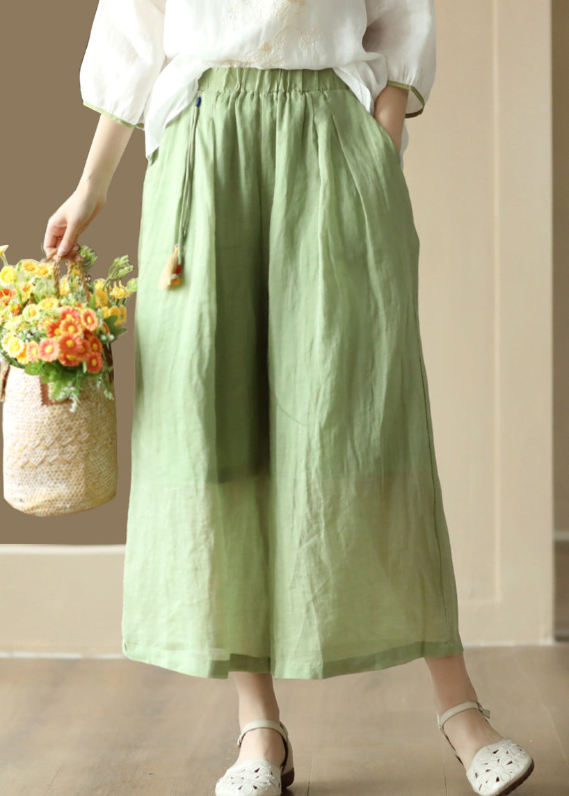 Casual Vintage Orange Tasseled Elastic Waist Linen Wide Leg Pants Summer