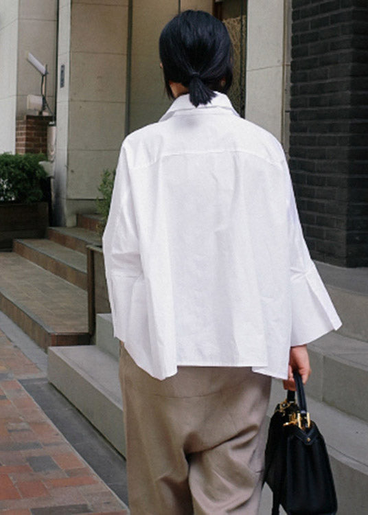 Casual White Peter Pan Collar Button Cotton Shirts Batwing Sleeve