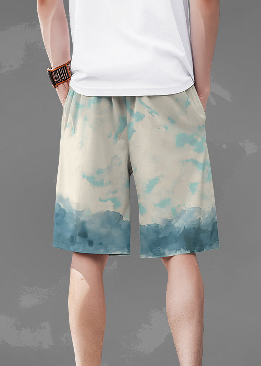 Casual White Print Pockets Elastic Waist Cotton Men Beach Shorts Summer