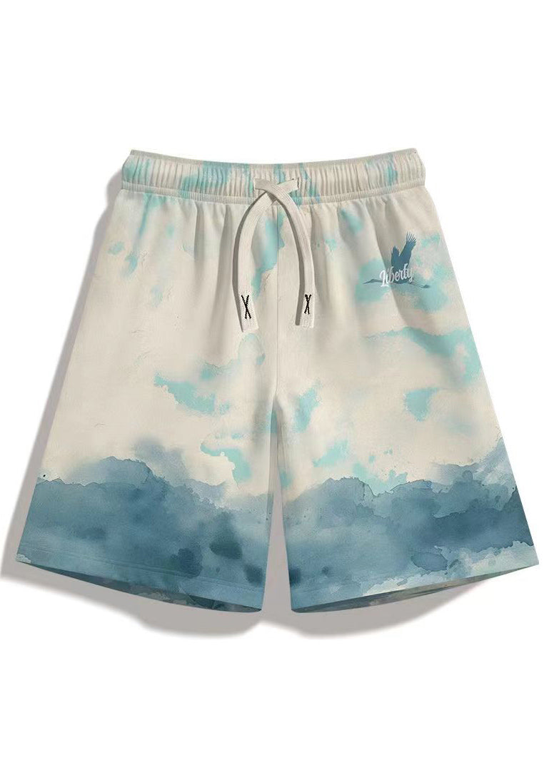 Casual White Print Pockets Elastic Waist Cotton Men Beach Shorts Summer