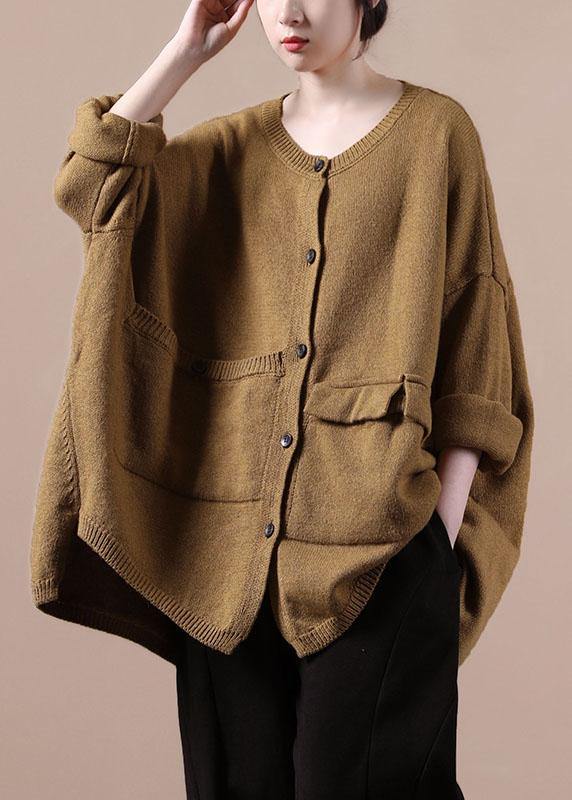 Casual Yellow Asymmetrical Design Pockets Knit Coat