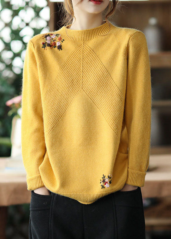 Casual Yellow Embroideried Floral Knit Sweater Winter