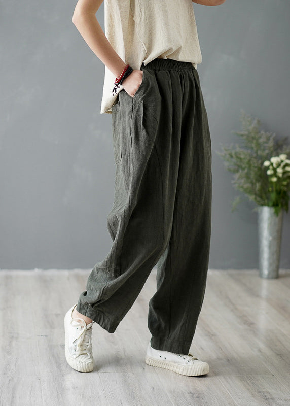 Casual Yellow Pockets Elastic Waist Linen Pants Spring