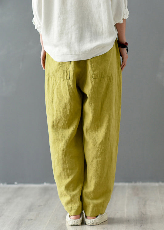 Casual Yellow Pockets Elastic Waist Linen Pants Spring